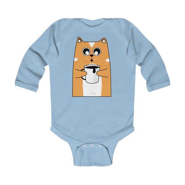 Cute Coffee Cat Print Baby Boy/ Girls Infant Kids Long Sleeve Bodysuit - Made in USA-Infant Long Sleeve Bodysuit-Light Blue-NB-Heidi Kimura Art LLC