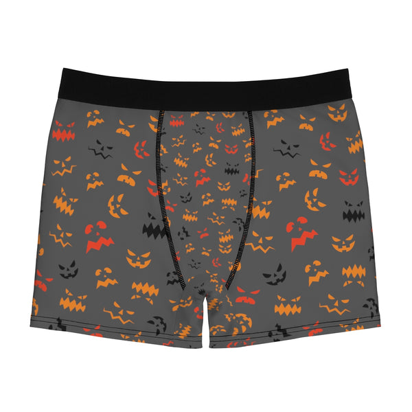 Gray Orange Pumpkin Face Halloween Designer Gay Men's Boxer Briefs (US Size: XS-3XL)-Men's Underwear-Heidi Kimura Art LLC