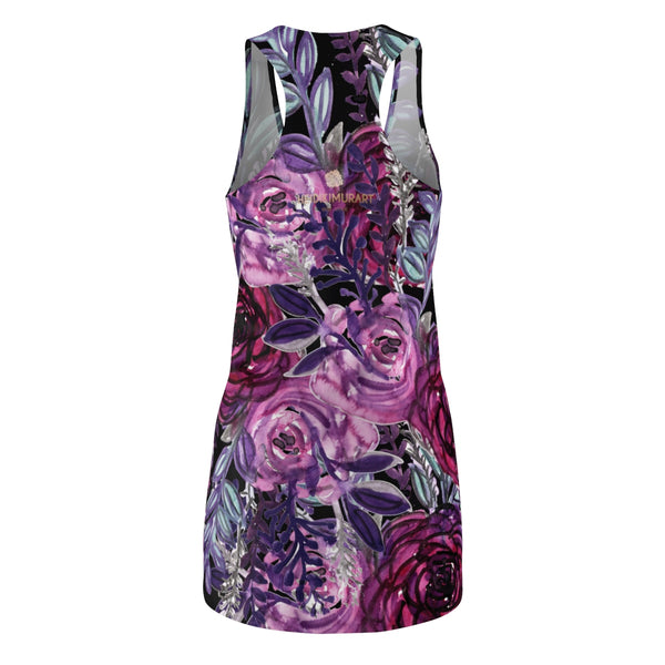 Purple Floral Women's Tank Dress, Black Racerback Crewneck Long Dress - Made in USA-Women's Sleeveless Dress-Heidi Kimura Art LLC
