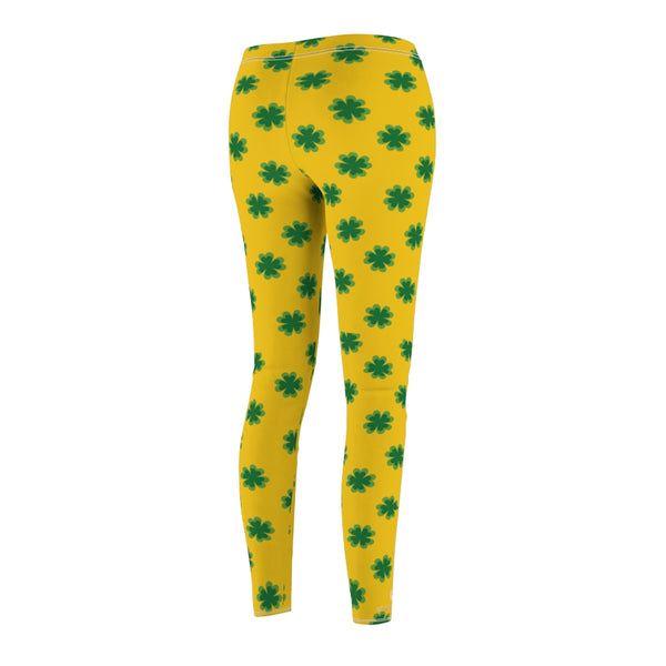 Yellow St. Patrick's Day Green Clover Print Women's Long Casual Leggings- Made in USA-Casual Leggings-Heidi Kimura Art LLC