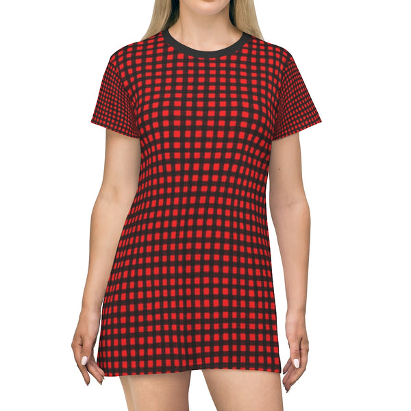 Black Red Classic Buffalo Plaid Print Designer Crew Neck T-shirt Dress-Made in USA-T-Shirt Dress-L-Heidi Kimura Art LLC