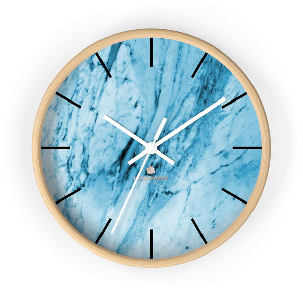 Blue White Marble Print Art Large Indoor 10" inch dia. Designer Wall Clock-Made in USA-Wall Clock-10 in-Wooden-White-Heidi Kimura Art LLC