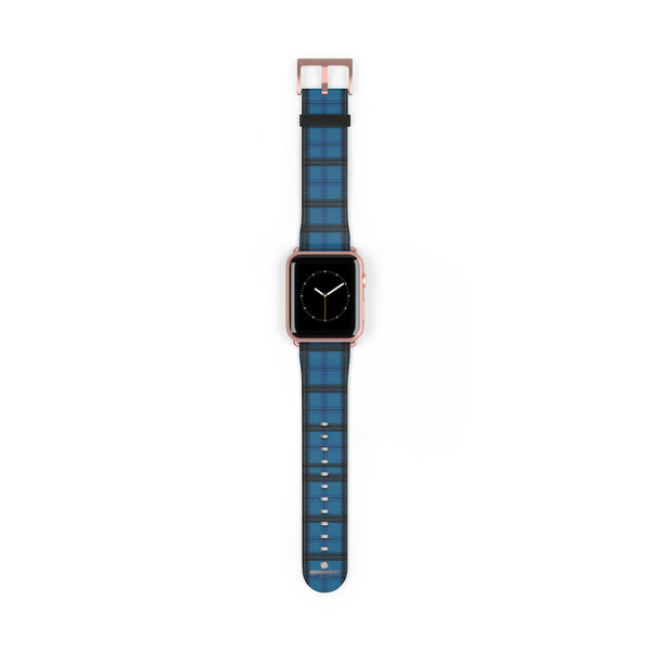 Blue Black Plaid Tartan Print Premium 38mm/42mm Designer Watch Band- Made in USA-Watch Band-42 mm-Rose Gold Matte-Heidi Kimura Art LLC
