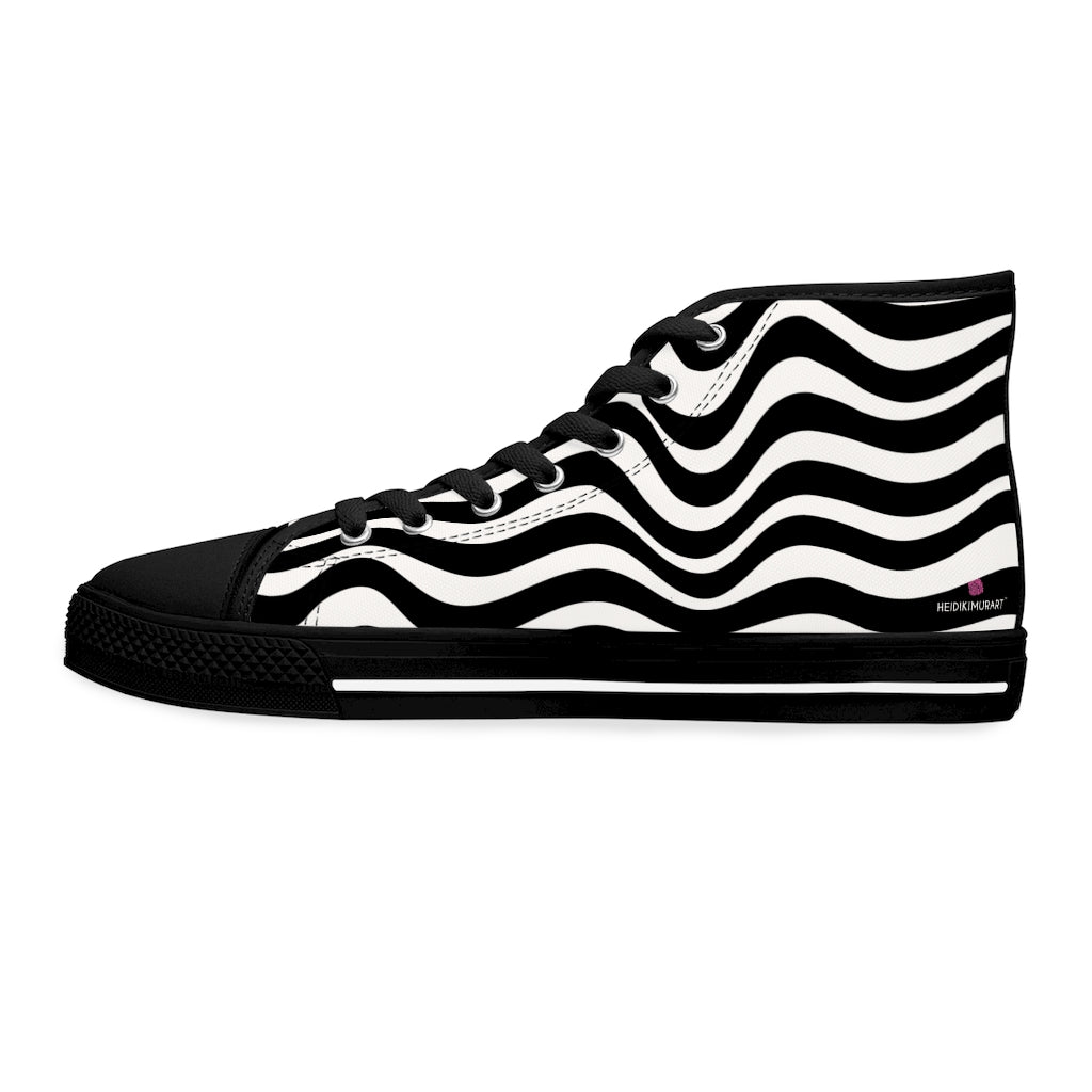 Black White Wavy Ladies' High Tops, Best Women's High Top Sneakers