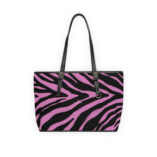 Light Pink Zebra Tote Bag, Zebra Striped Pink and Black Animal Print PU Leather Shoulder Large Spacious Durable Hand Work Bag 17"x11"/ 16"x10" With Gold-Color Zippers & Buckles & Mobile Phone Slots & Inner Pockets, All Day Large Tote Luxury Best Sleek and Sophisticated Cute Work Shoulder Bag For Women With Outside And Inner Zippers