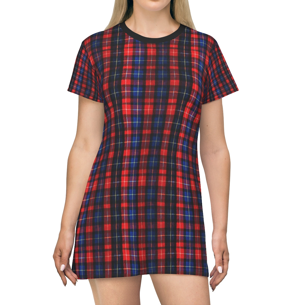 Red Blue Plaid Tartan Print Designer Crew Neck Long T-shirt Dress-Made in USA-T-Shirt Dress-L-Heidi Kimura Art LLC