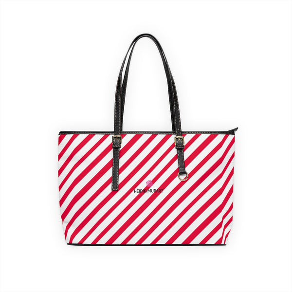 Best Red Stripes Tote Bag, Best Stylish Striped PU Leather Shoulder Large Spacious Durable Hand Work Bag 17"x11"/ 16"x10" With Gold-Color Zippers & Buckles 