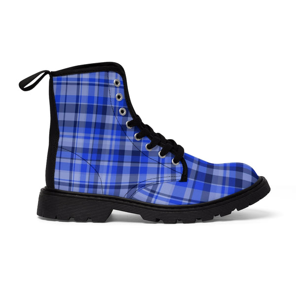 Blue Plaid Women's Combat Boots, Best Plaid Print Winter Boots For Women (US Size 6.5-11)