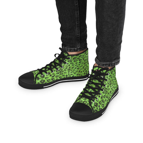 Green Leopard Men's High Tops, Animal Print Green Leopard Best Men's High Top Laced Up Black or White Style Breathable Fashion Canvas Sneakers Tennis Athletic Style Shoes For Men (US Size: 5-14)