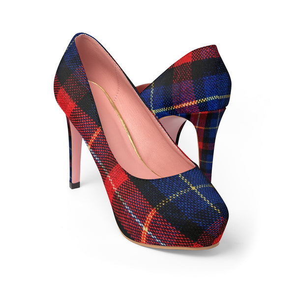 Red Blue Plaid Tartan Print Women's 4" Platform Heels Pumps Shoes (US Size 5-11)-4 inch Heels-Heidi Kimura Art LLC