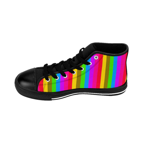 Rainbow Striped Men's High-tops, Gay Pride Parade Stripes Print Designer Men's Shoes, Men's High Top Sneakers US Size 6-14, Mens High Top Casual Shoes, Unique Fashion Tennis Shoes, Mens Modern Footwear (US Size: 6-14)