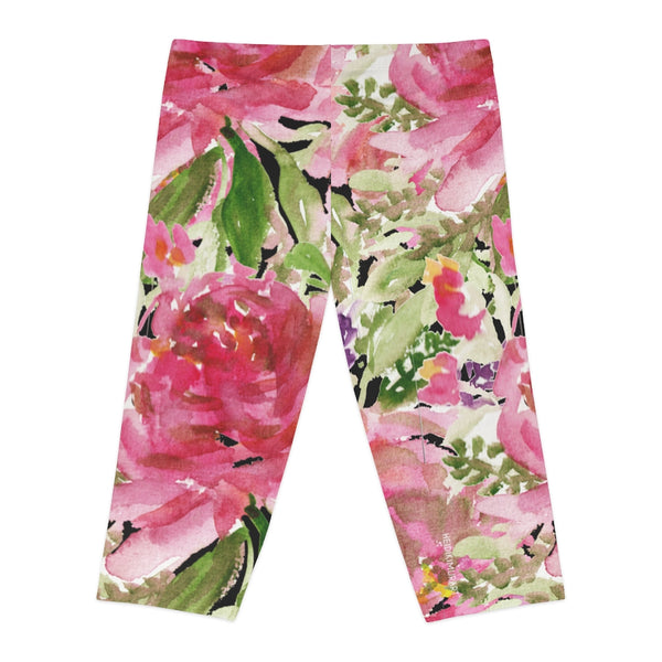 Pink Rose Women's Capri Leggings, Floral Casual Tights Floral