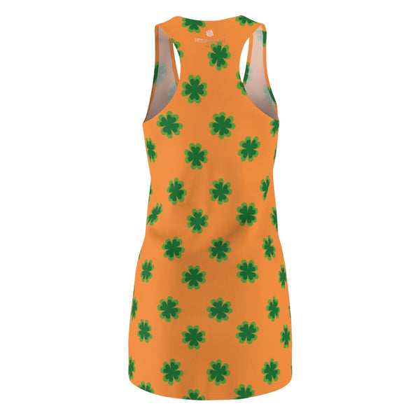 Orange Green Clover Leaf Print St. Patty's Day Long Women's Racerback Dress-Made in USA-Women's Sleeveless Dress-Heidi Kimura Art LLC