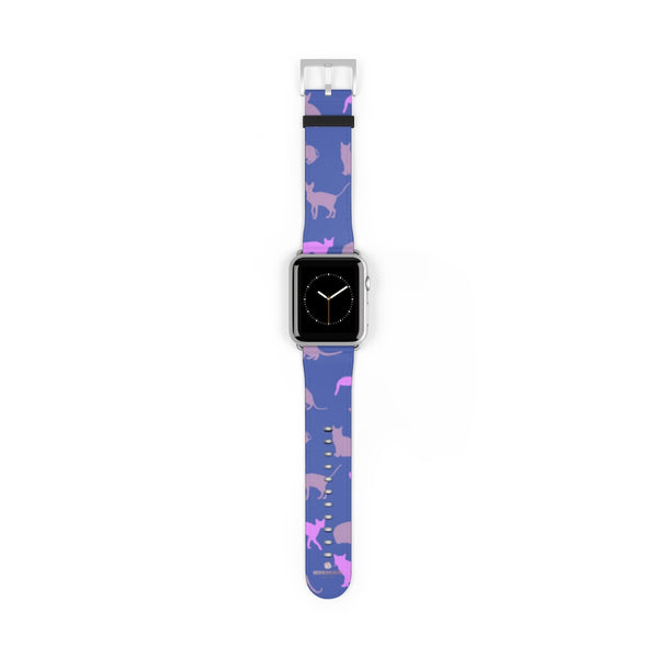 Purple Pink Cats Print 38mm/42mm Premium Watch Band For Apple Watch- Made in USA-Watch Band-42 mm-Silver Matte-Heidi Kimura Art LLC