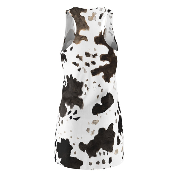 Cow Print Black White Brown Women's Long Sleeveless Racerback Dress -Made in USA (XS-2XL)-Women's Sleeveless Dress-Heidi Kimura Art LLC