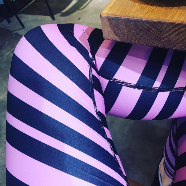 Pink Black Stripes Yoga Leggings, Diagonally Striped Women's Long Tight Pants Workout Fitted Leggings Sports Long Yoga Pants w/ Inside Pockets - Made in USA/EU/MX (US Size: XS-XL)    