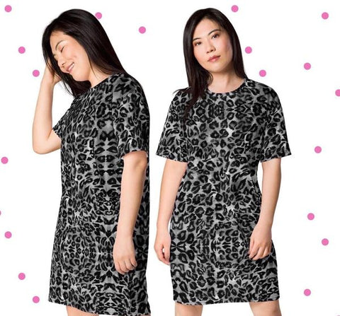 Grey Leopard Print T-shirt Dress, Animal Print Women's Smooth Soft Stretchy Designer Premium Quality Best Oversize Fit Comfy Short Sleeves Dress - Made in USA/EU/MX (US Size: 2XL-6XL) Plus Size Available For Curvy Ladies
