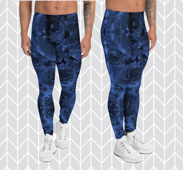 Navy Blue Abstract Men's Leggings, Floral Print Designer Men's Leggings Tights Pants - Made in USA/MX/EU (US Size: XS-3XL) Sexy Meggings Men's Workout Gym Tights Leggings, Compression Tights