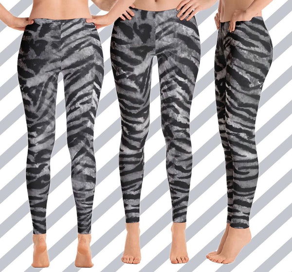 Grey Tiger Fashion Tights, Grey Tiger Striped Women's Leggings, Black Grey Tiger Striped Animal Print Designer Women's Long Fancy Dressy Fashion Casual Leggings/ Running Tights - Made in USA/EU (US Size: XS-XL)