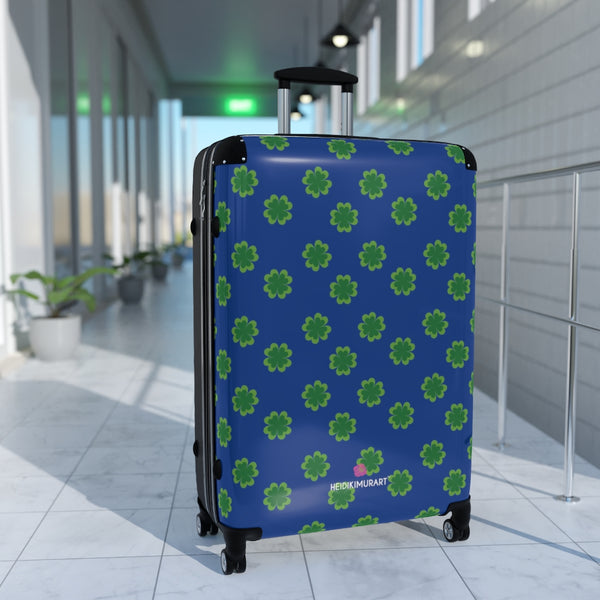 Blue Clover Print Suitcases, Irish Style St. Patrick's Day Holiday Designer Suitcase Luggage (Small, Medium, Large) Unique Cute Spacious Versatile and Lightweight Carry-On or Checked In Suitcase, Best Personal Superior Designer Adult's Travel Bag Custom Luggage - Gift For Him or Her - Made in USA/ UK