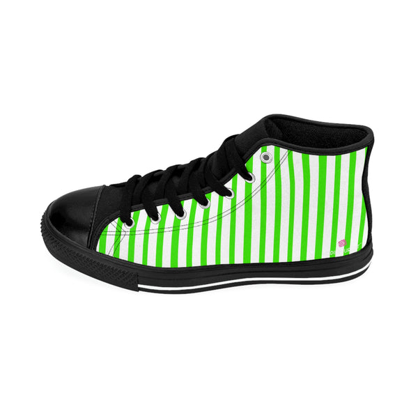 Green Striped Men's High-top Sneakers, Green White Modern Stripes Men's High Tops, High Top Striped Sneakers, Striped Casual Men's High Top For Sale, Fashionable Designer Men's Fashion High Top Sneakers, Tennis Running Shoes (US Size: 6-14)