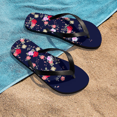 Navy Blue Floral Rose Print Unisex Flip-Flops Beach Pool Cute Sandals- Made in USA-Flip-Flops-Small-Heidi Kimura Art LLC