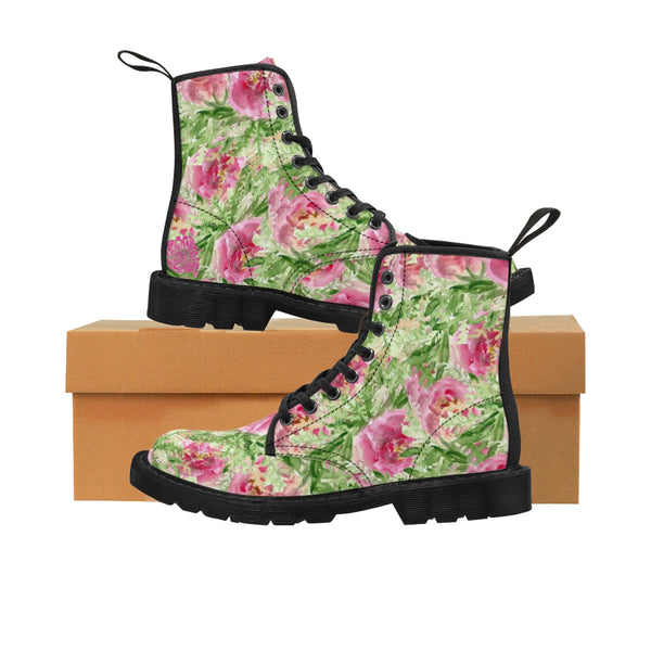 Pink French Rose Floral Print Designer Women's Winter Lace-up Toe Cap Boots-Women's Boots-Heidi Kimura Art LLC