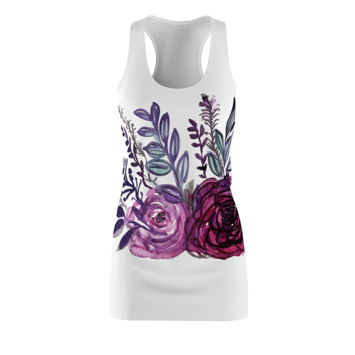 White & Purple Rose Floral Print Women's Racerback Dress -Made in USA (Size: XS-2XL)-Women's Sleeveless Dress-L-Heidi Kimura Art LLC
