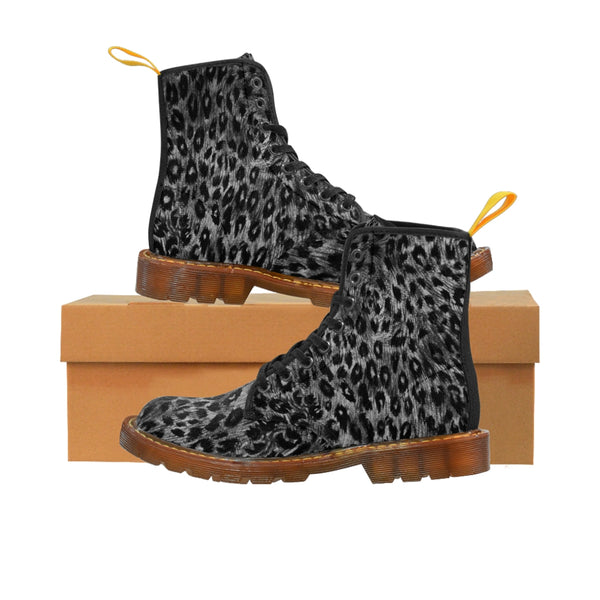 Grey Leopard Men's Canvas Boots, Wild Animal Print Designer Winter Laced-up Boots For Men-Shoes-Printify-Brown-US 8-Heidi Kimura Art LLC