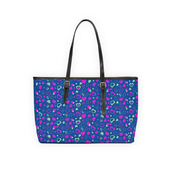 Blue Hearts Print Tote Bag, PU Leather Shoulder Hand Work Bag