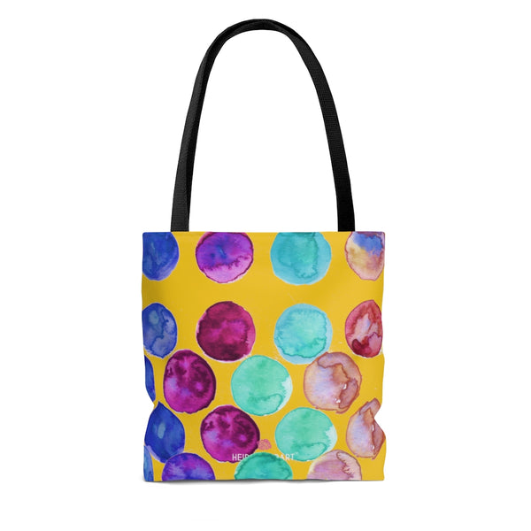 Yellow Watercolor Dots Tote Bag, Abstract Watercolor Dotted Print Designer Colorful Square 13"x13", 16"x16", 18"x18" Premium Quality Market Tote Bag - Made in USA