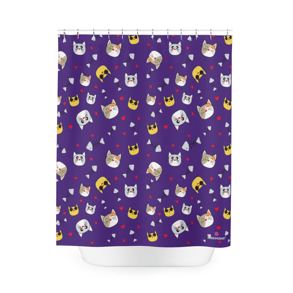 Purple Cat Shower Curtain, Cat Print Polyester Shower Curtain