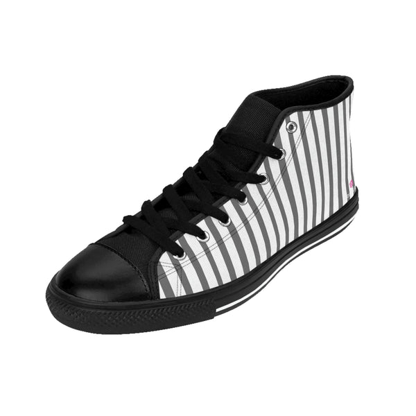 Grey Striped Men's High-top Sneakers, Grey White Modern Stripes Men's High Tops, High Top Striped Sneakers, Striped Casual Men's High Top For Sale, Fashionable Designer Men's Fashion High Top Sneakers, Tennis Running Shoes (US Size: 6-14)