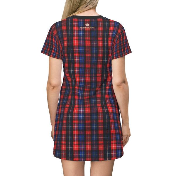Red Blue Plaid Tartan Print Designer Crew Neck Long T-shirt Dress-Made in USA-T-Shirt Dress-Heidi Kimura Art LLC