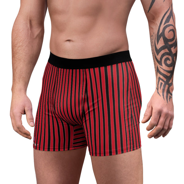 Red Black Striped Men's Underwear, Vertical Striped Print Best Underwear For Men Sexy Hot Men's Boxer Briefs Hipster Lightweight 2-sided Soft Fleece Lined Fit Underwear - (US Size: XS-3XL)