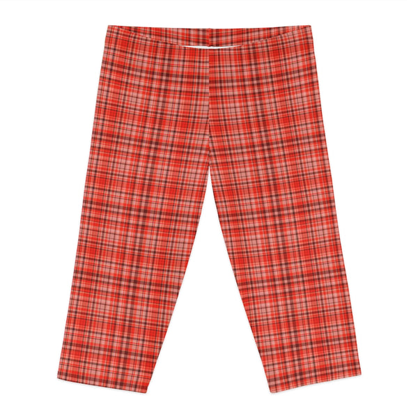Red Plaid Women's Capri Leggings, Knee-Length Polyester Capris Tights-Made in USA (US Size: XS-2XL)