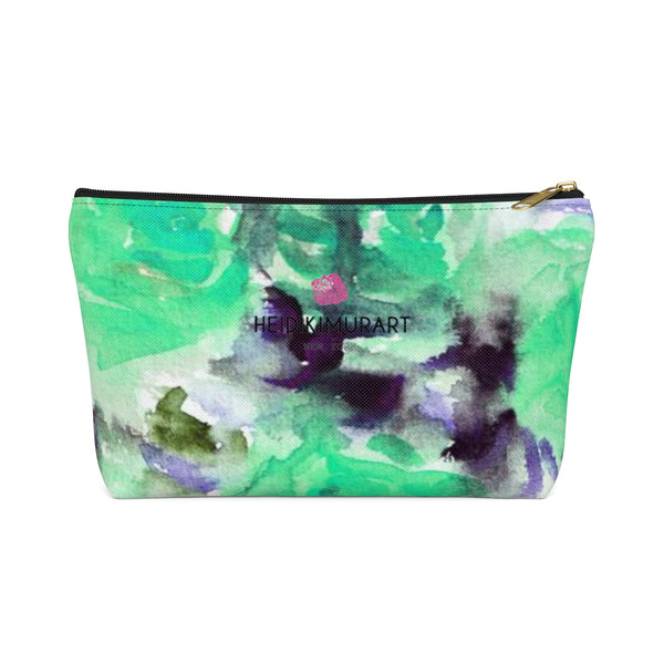 Turquoise Blue Misty Rose Floral Print Designer Accessory Pouch with T-bottom-Accessory Pouch-Black-Large-Heidi Kimura Art LLC
