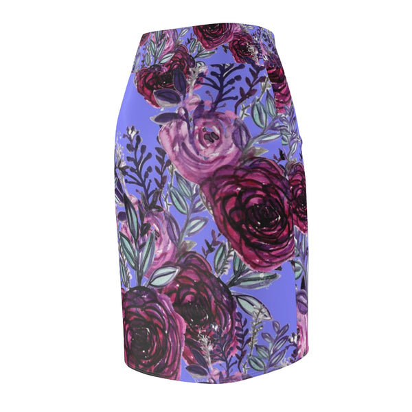 Purple Pink Rose Floral Print Designer Women's Pencil Skirt-Made in USA (US Size: XS-2XL)-Pencil Skirt-Heidi Kimura Art LLC