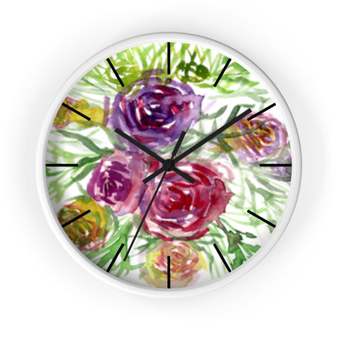 Pink Purple Floral Rose 10 inch Diameter Shabby Chic Girlie Wall Clock - Made in USA-Wall Clock-White-Black-Heidi Kimura Art LLC Pink Rose Floral Clock, Pink Purple Floral Print Rose 10" Diameter Flower Large Modern Wall Clock, Made in USA,Red Pastel Wood Clock, Blush Wall Clock, Rose Clock