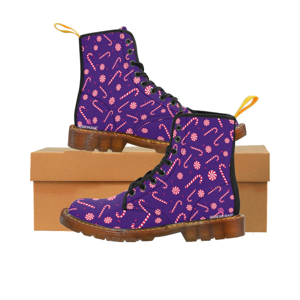 Purple Christmas Women's Canvas Boots, Red Candy Cane Print Winter Boots For Women