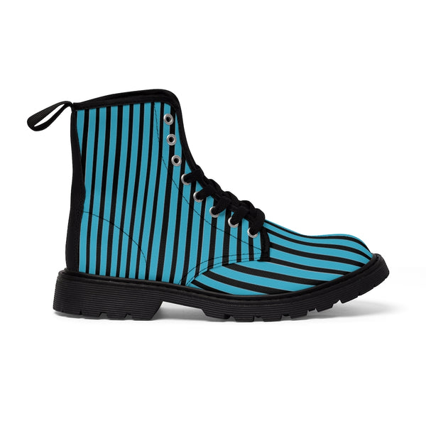 Blue Striped Print Men's Boots, Black Stripes Best Hiking Winter Boots Laced Up Designer Shoes For Men-Shoes-Printify-Black-US 7-Heidi Kimura Art LLC
