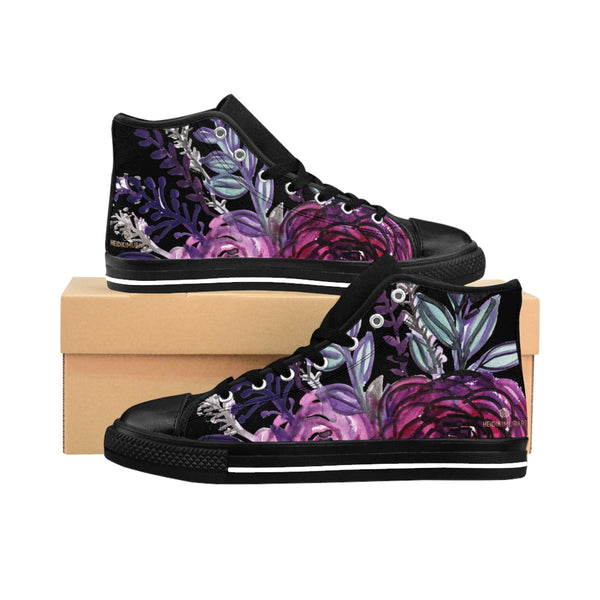 Black Purple Rose Floral Print Designer Men's High-top Sneakers Running Tennis Shoes-Men's High Top Sneakers-Heidi Kimura Art LLC