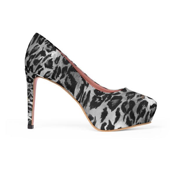 Gray Black Snow Leopard Animal Print Women's Platform Heels Pumps (US Size: 5-11)-4 inch Heels-Heidi Kimura Art LLC