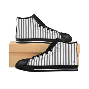 Grey Striped Men's High-top Sneakers, Grey White Modern Stripes Men's High Tops, High Top Striped Sneakers, Striped Casual Men's High Top For Sale, Fashionable Designer Men's Fashion High Top Sneakers, Tennis Running Shoes (US Size: 6-14)