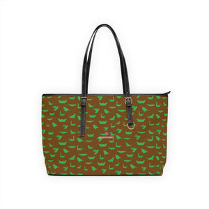 Brown Crane Print Tote Bag, Best Stylish Fashionable Printed PU Leather Shoulder Large Spacious Durable Hand Work Bag 17"x11"/ 16"x10" With Gold-Color Zippers & Buckles & Mobile Phone Slots & Inner Pockets, All Day Large Tote Luxury Best Sleek and Sophisticated Cute Work Shoulder Bag For Women With Outside And Inner Zippers