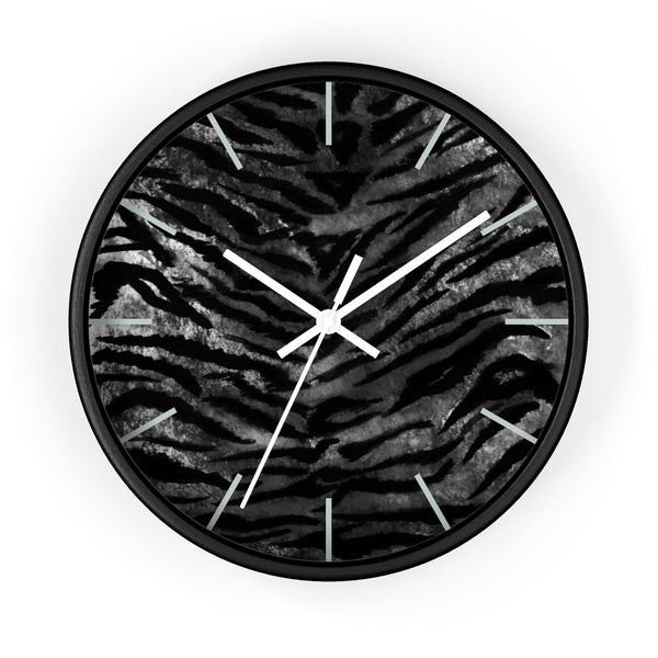 Black Tiger Stripe Wall Clock, Tiger Faux Fur Pattern Print 10" Dia. Walll Clock - Made in USA-Wall Clock-Black-White-Heidi Kimura Art LLC