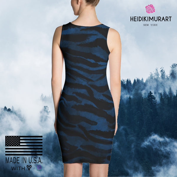 Royal Navy Blue Black Women's Tiger Striped 1-pc Animal Print Dress- Made in USA/EU-Women's Sleeveless Dress-Heidi Kimura Art LLC