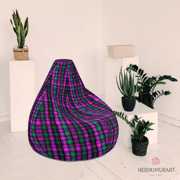 Pink Plaid Bean Bag Chair, Classic Pink Green Plaid Tartan Print Water Resistant Polyester Bean Sofa Bag W: 58"x H: 41" With Filling Or Bean Bag Cover- Made in Europe
