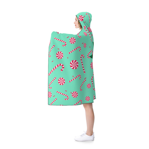 Blue Lightweight Christmas Red Sugar Cane Designer Holiday Party Hooded Blanket-Hooded Blanket-Heidi Kimura Art LLC