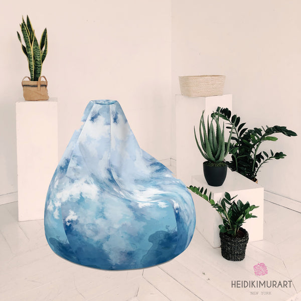 Blue Tie Dye Bean Bag, Designer Watercolor Sky Blue Abstract Print Water Resistant Polyester Bean Sofa Bag W: 58"x H: 41" Chair With Filling Or Bean Bag Cover Without Filling- Made in Europe